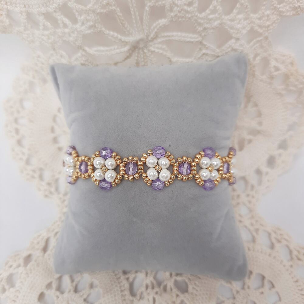 Victorian Seed Bead Floral Bracelet Artisan Woven Cream Pearl Lavender Crystals